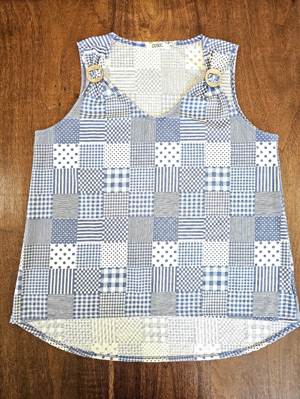 Cure Womens Denim Patchwork Design Blue And White Wooden Buttons Size Large